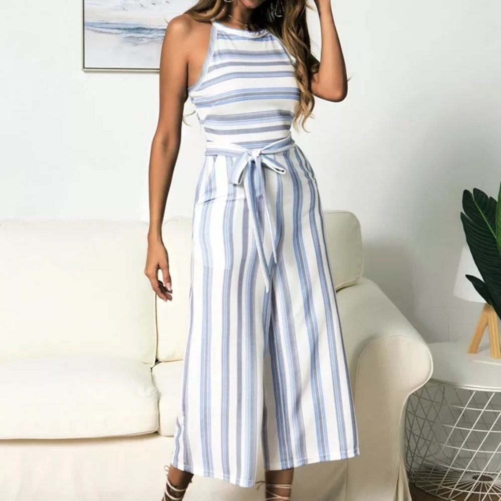 WAIST TIE ONE PIECE JUMPSUIT - BLUE